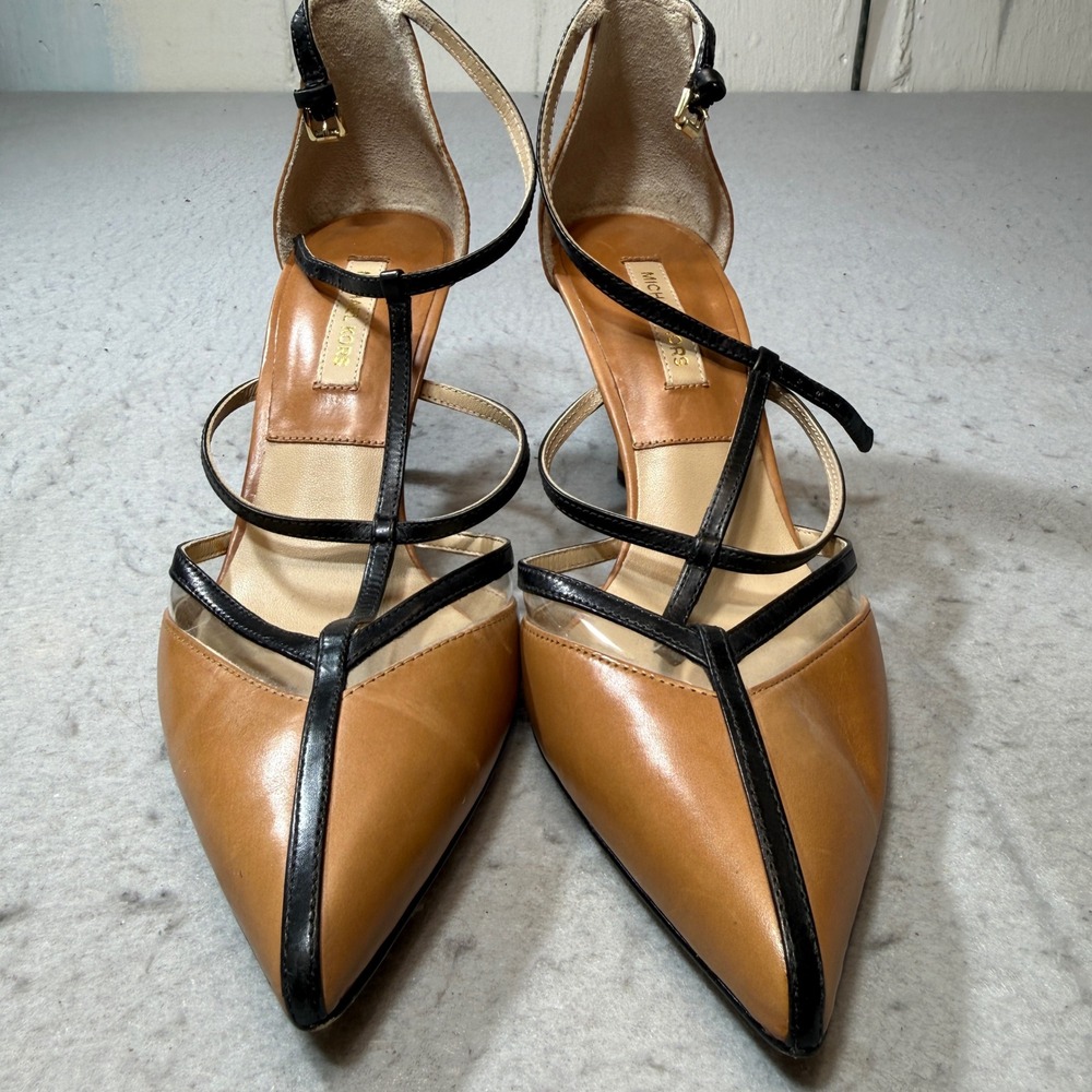 Michael Kors Pumps Womens 38 Tan Black Strappy Pointed Toe Stiletto Leather Heel